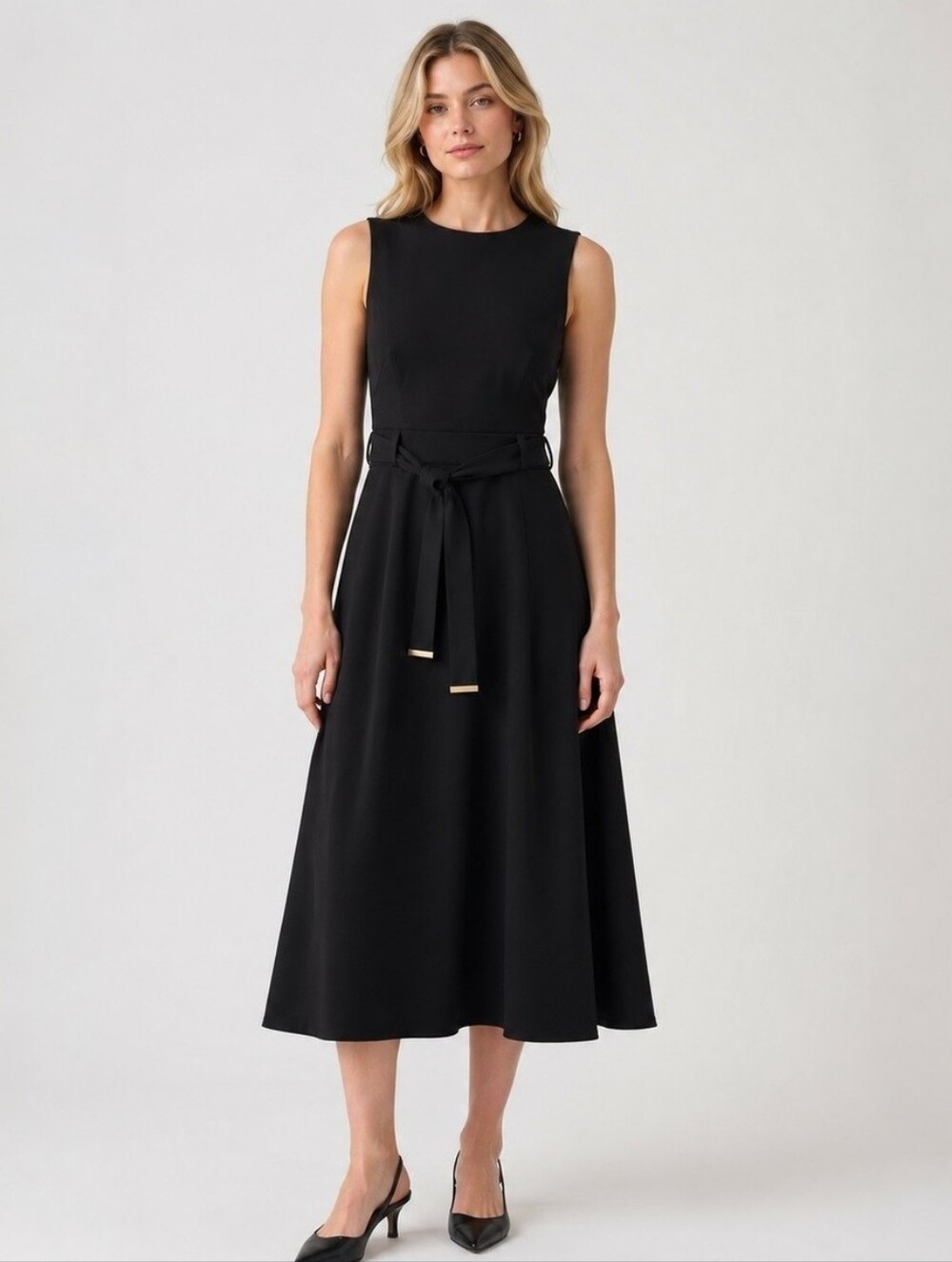 Calvin Klein Black Sleeveless Dress with Tie Belt